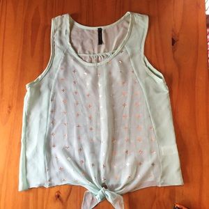Sheer mint green top, gold detail, lg